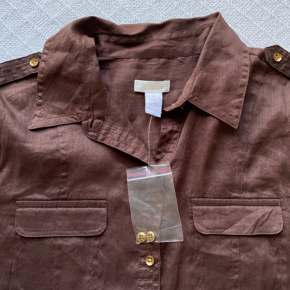 Chico's Brown Ramie Cotton Button Down Roll Tab Long Sleeve Shirt Semi-Sheer - Picture 6 of 7